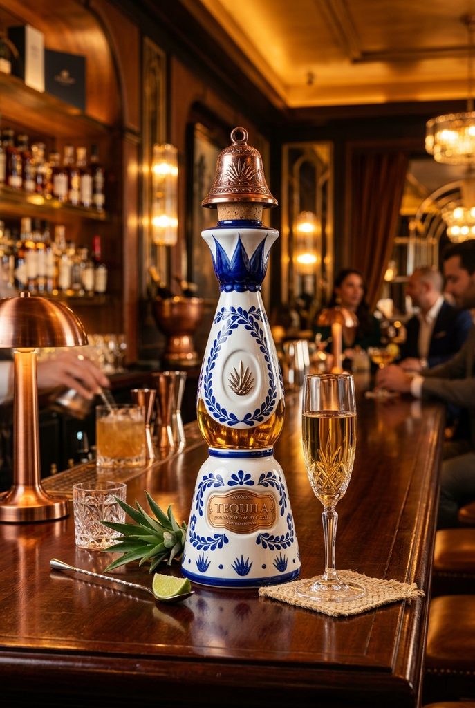Premium Clase Azul style tequila bottle in a luxury bar