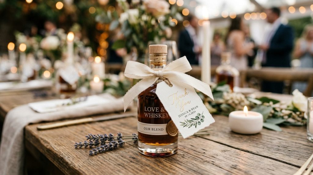 Miniature bottle of booze decorated as an elegant wedding favor with custom tag