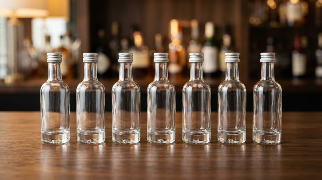 Premium empty mini glass alcohol bottles in a row on a wooden bar