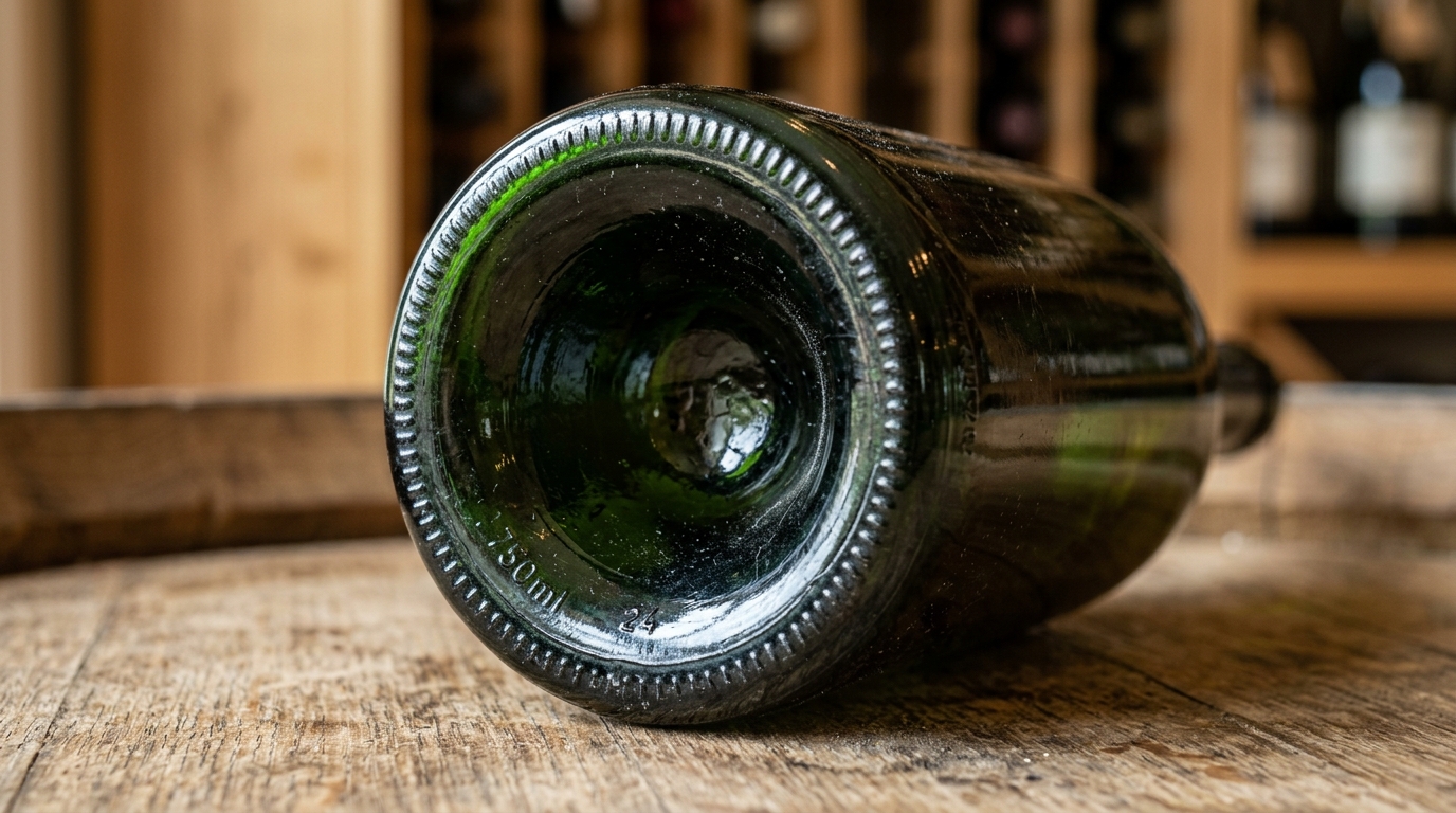 lose up of a deep punt on the bottom of an empty wine bottle