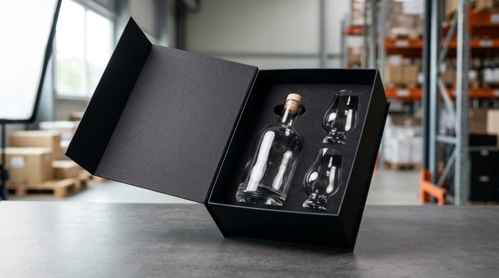 Luxury black whiskey gift set box with empty premium glass bottle and tasting glasses