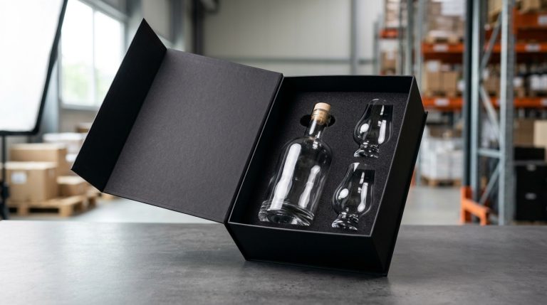 Luxury black whiskey gift set box with empty premium glass bottle and tasting glasses