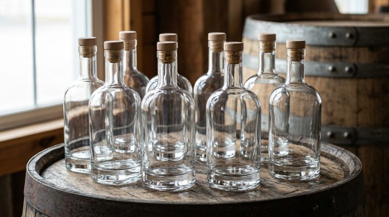 Empty custom glass bourbon bottles wholesale on an oak barrel
