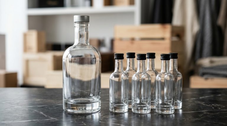 Wholesale premium glass mini liquor bottles (50ml) and a 375ml flask bottle for distilleries