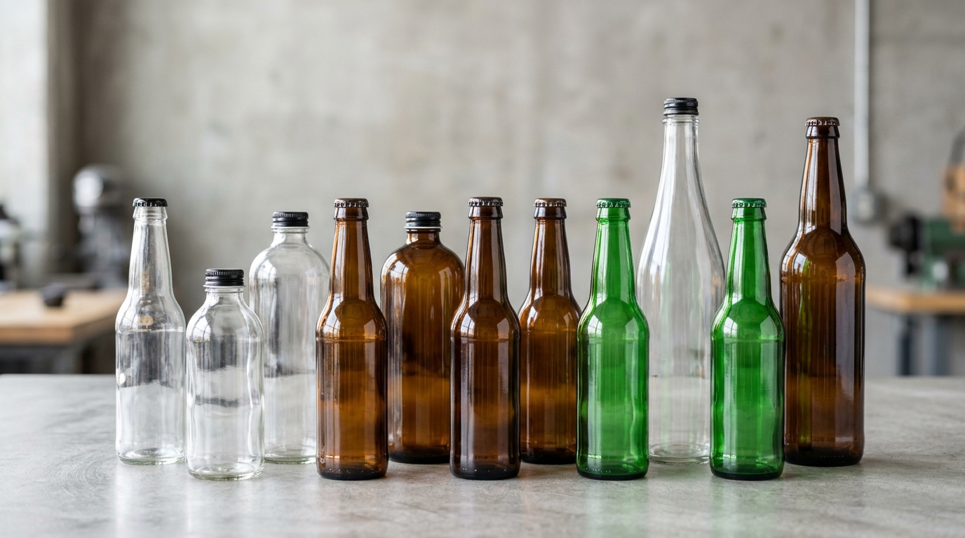 Wholesale glass beverage bottles in flint, amber, and green glass with crown and screw closures