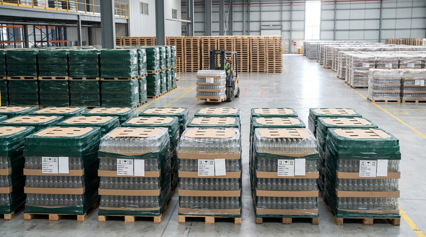 Palletized bulk glass beverage bottles shrink-wrapped with protective dividers in export warehouse