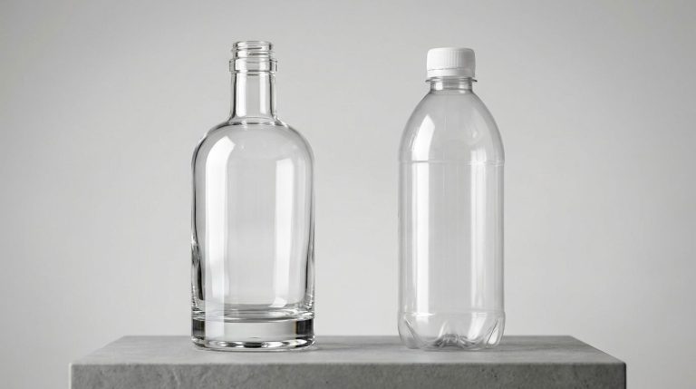 Glass bottle and PET bottle of the same volume side by side, showing the weight gap behind landed cost packaging