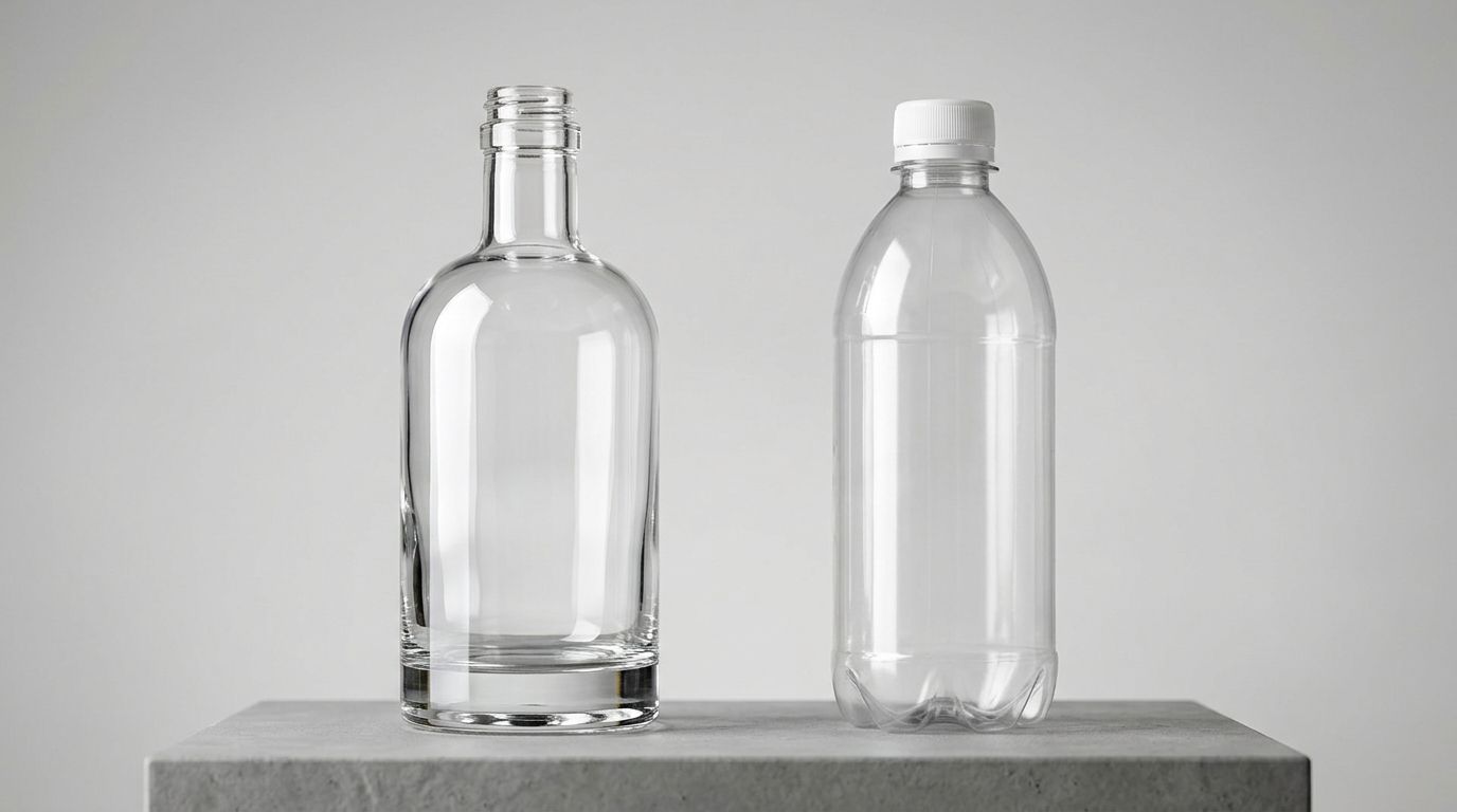 Glass bottle and PET bottle of the same volume side by side, showing the weight gap behind landed cost packaging